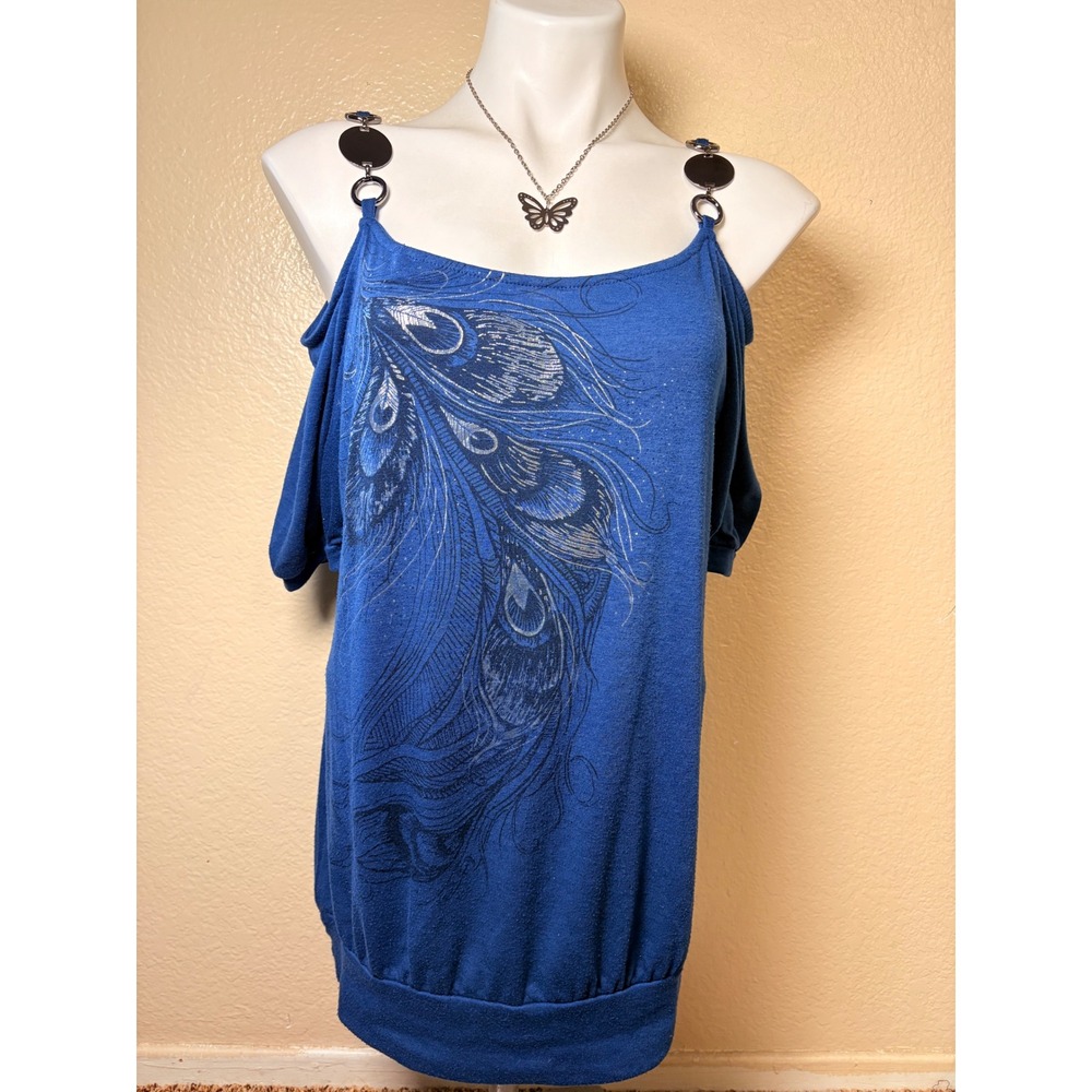Y2K Vintage Blue Feather Cold Shoulder Top XL Banded Hem O-Ring Straps #7